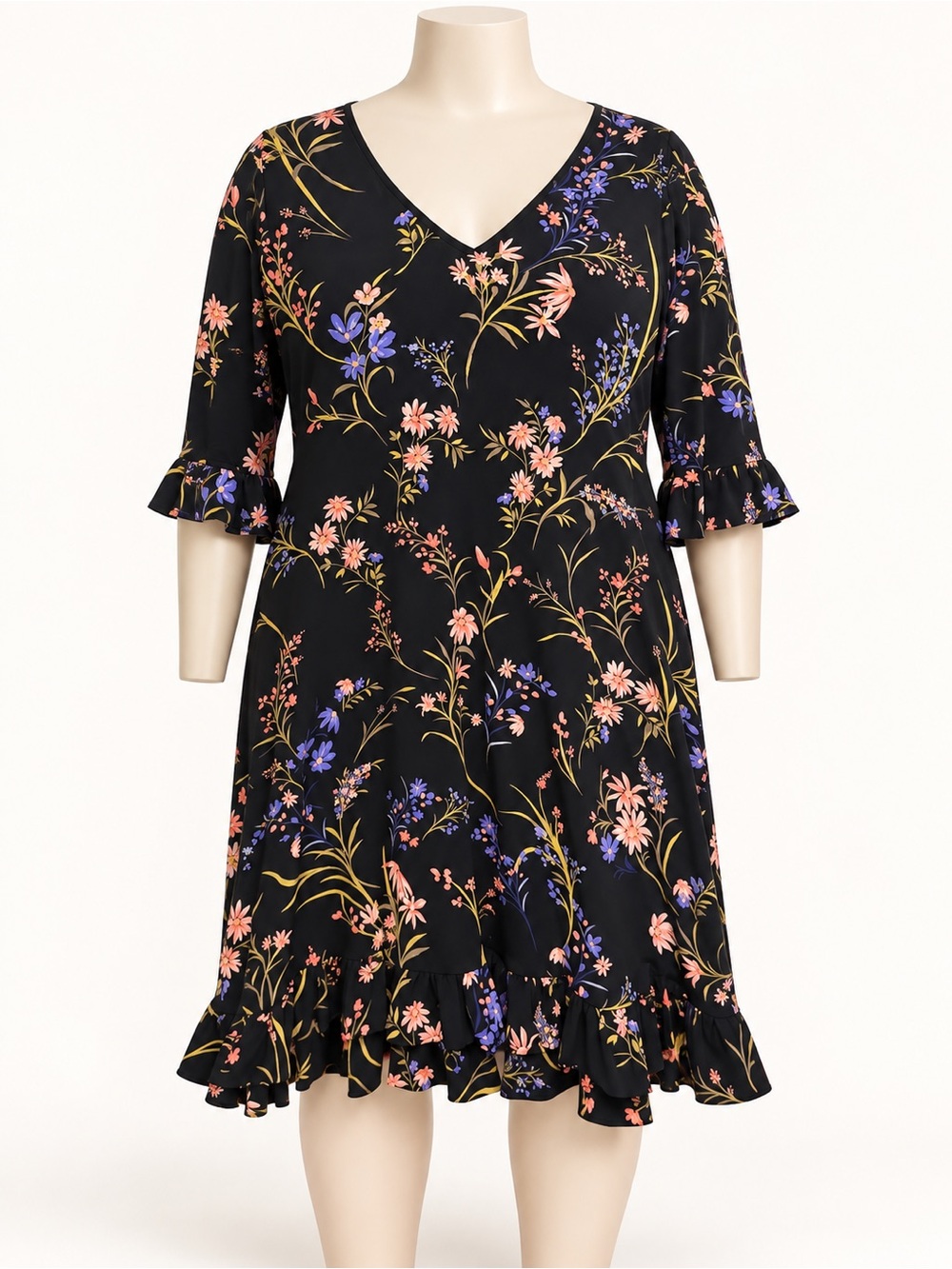 CeCe Black Floral V-Neck Midi Dress - Pink & Blue Floral Print